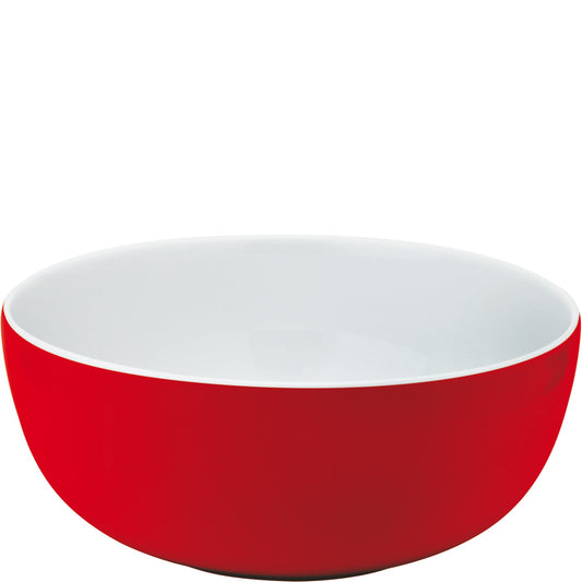 Rote Schüssel mit weißem Innenraum.