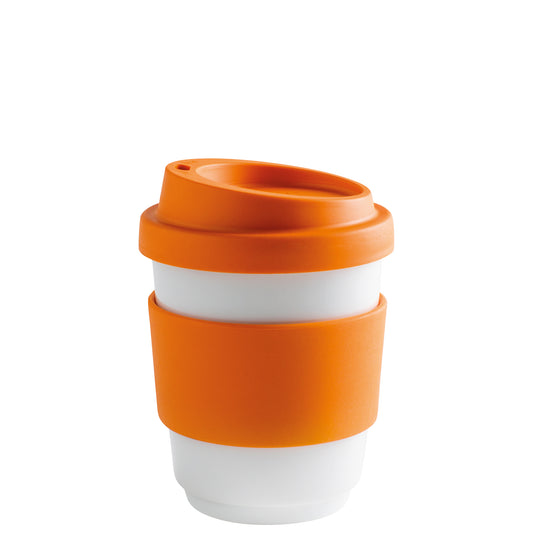 Kaffeetasse mit orangefarbenem Deckel