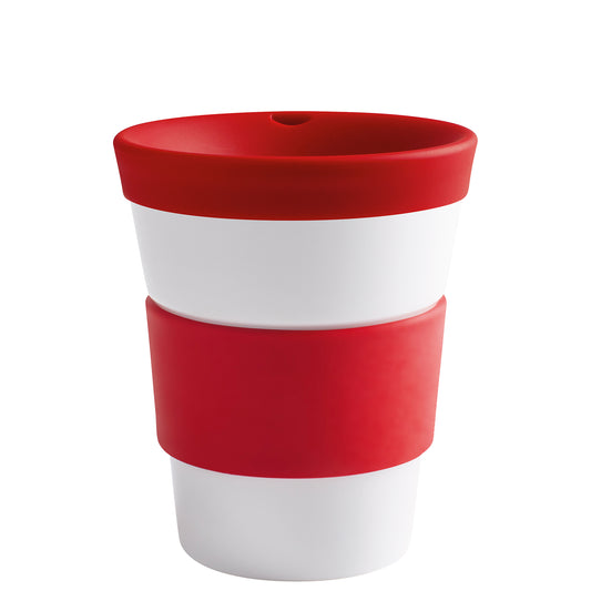 Roter und weißer Kaffeebecher.