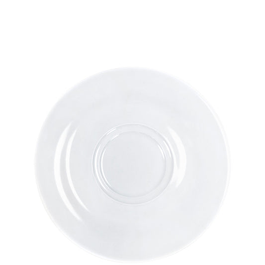 Weißer Porzellanteller, schlichtes Design.
