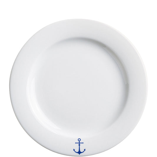 Weißer Teller mit blauem Anker.