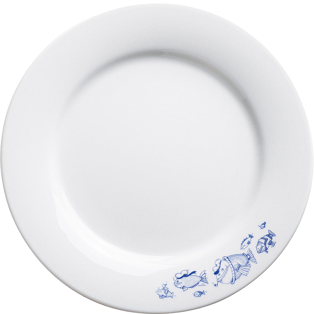 Weißer Teller mit blauen Motiven.