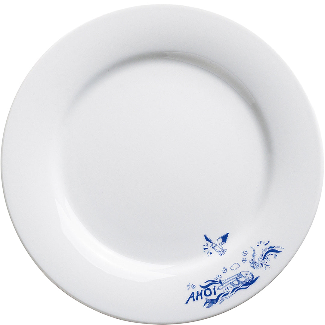 Weißer Teller mit blauem Dekor.