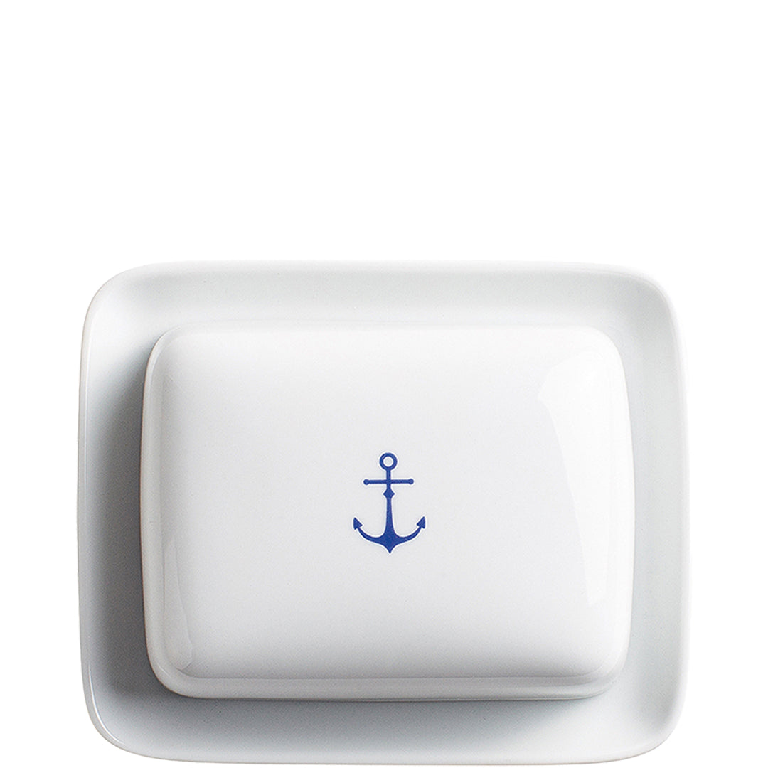Weiße Butterdose mit Anker-Design.