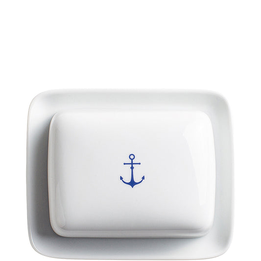 Weiße Butterdose mit Anker-Design.