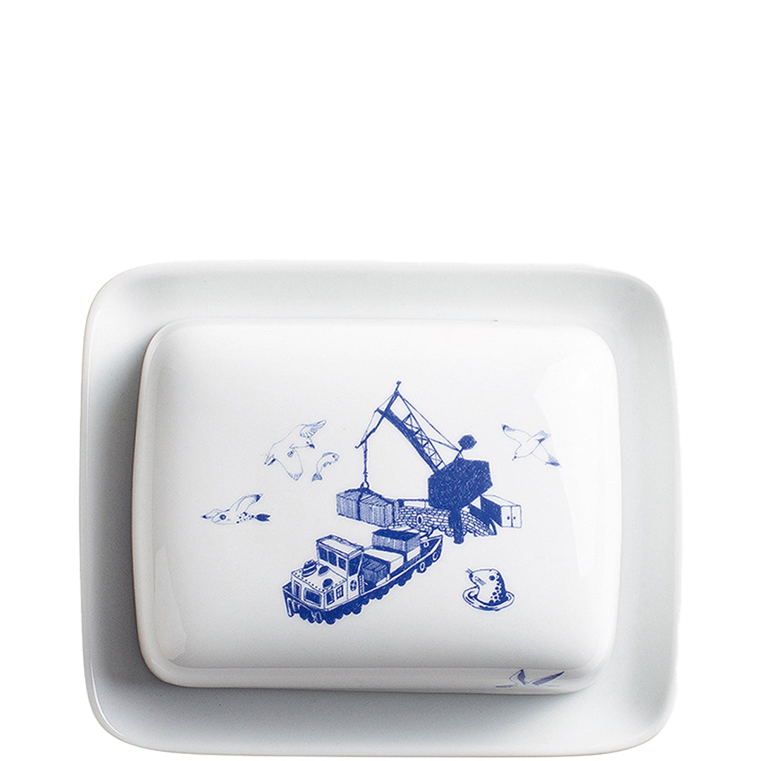 Porzellanbutterdose mit maritimem Design.