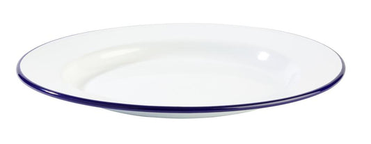 Weißer Teller mit blauem Rand.