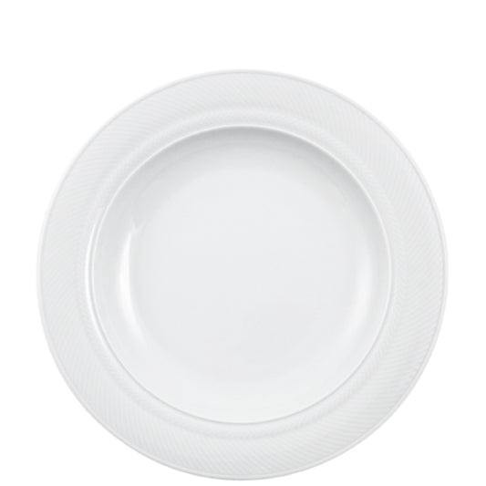 Weißer Porzellanteller mit Muster.