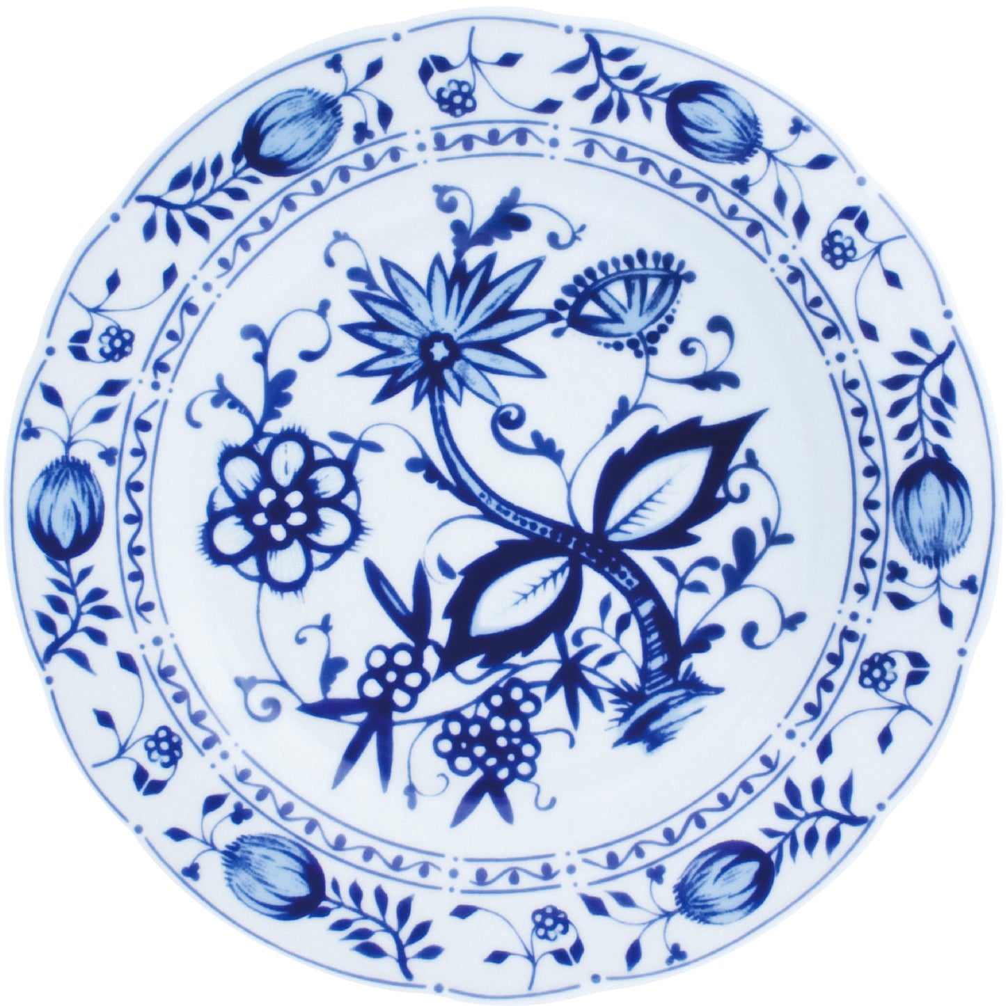 Porzellanteller mit blauem Muster.