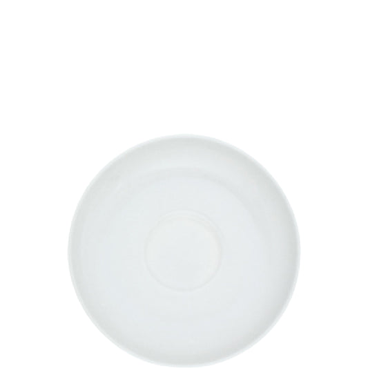Weiße Porzellanuntertasse, schlichtes Design.