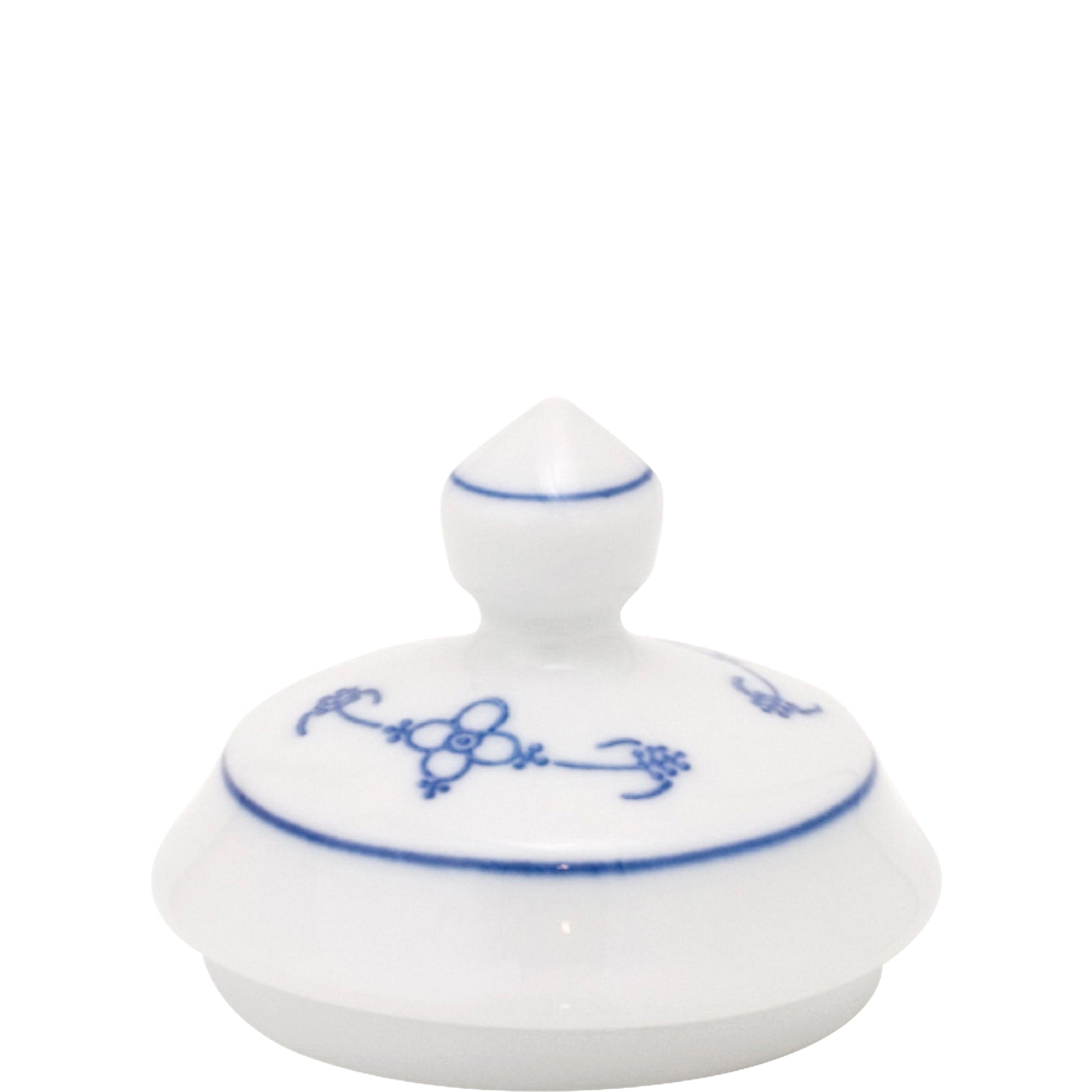 Porzellandeckel mit blauem Muster.