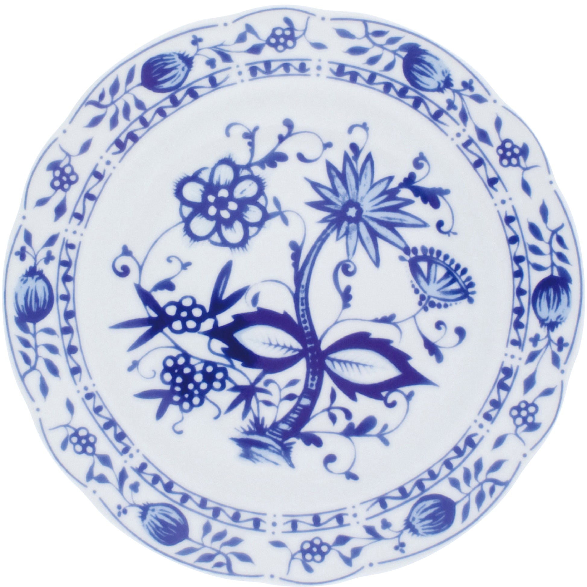 Porzellanteller mit blauem Blumenmuster.
