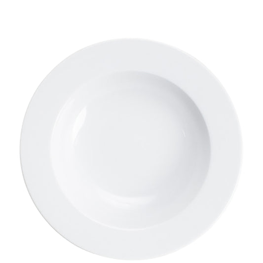 Weißer Porzellanteller, schlichtes Design.