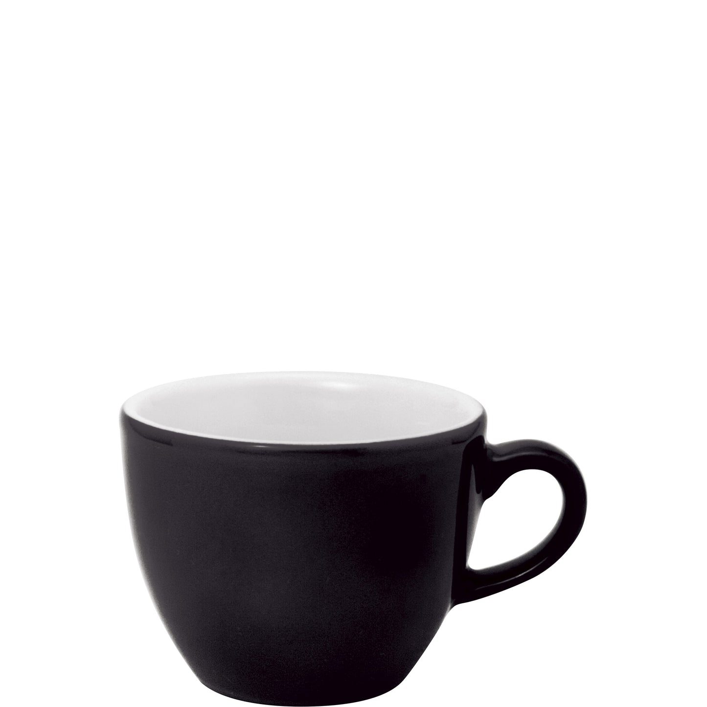 Schwarze Tasse mit Henkel.