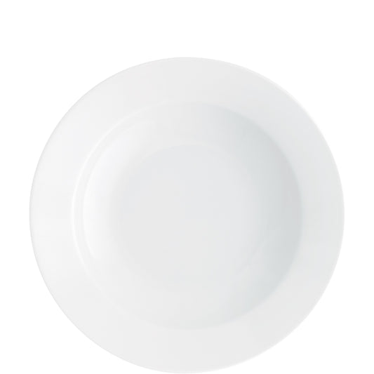 Weißer Porzellanteller, schlichtes Design.