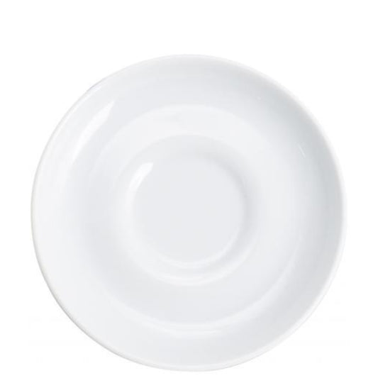Weißer Porzellanteller, schlichtes Design.