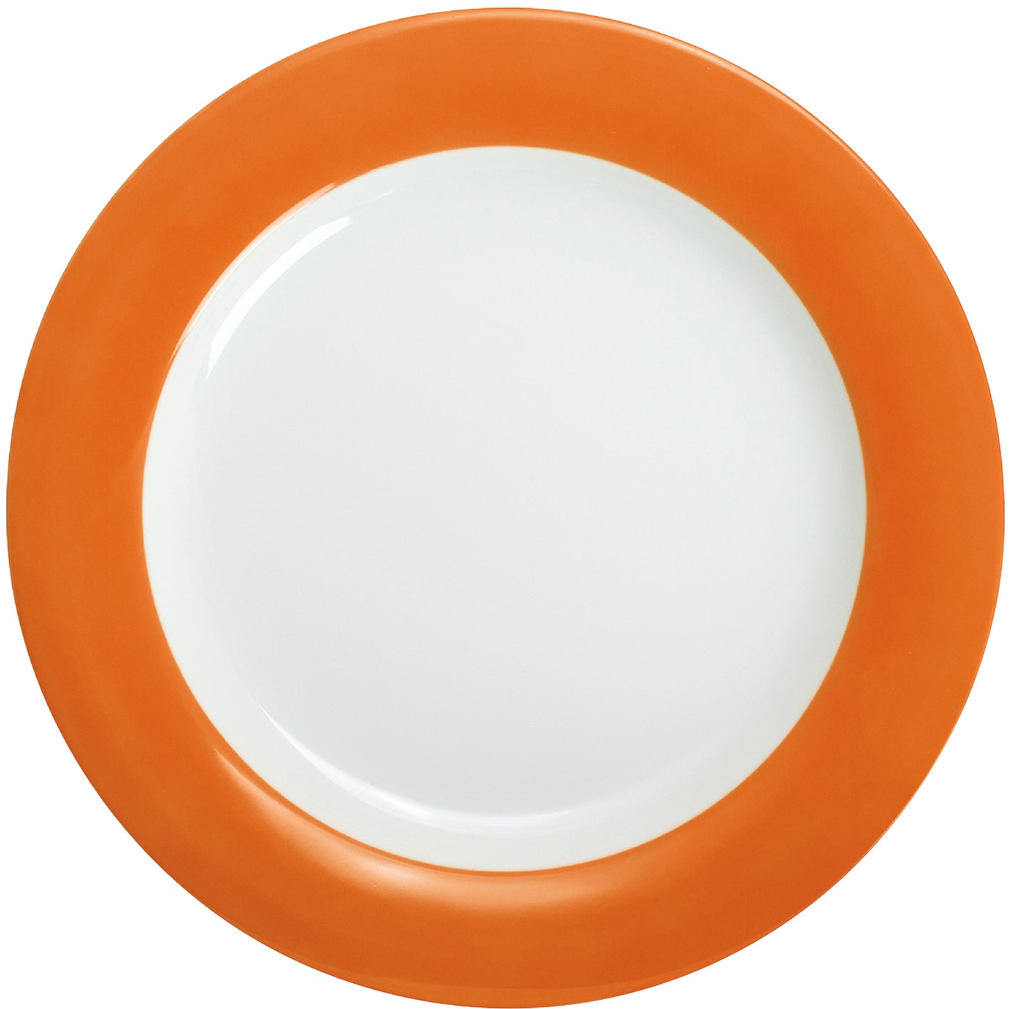 Weißer Teller mit orangefarbenem Rand.