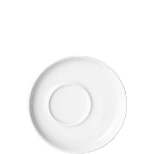 Weiße Porzellanuntertasse, schlichtes Design.