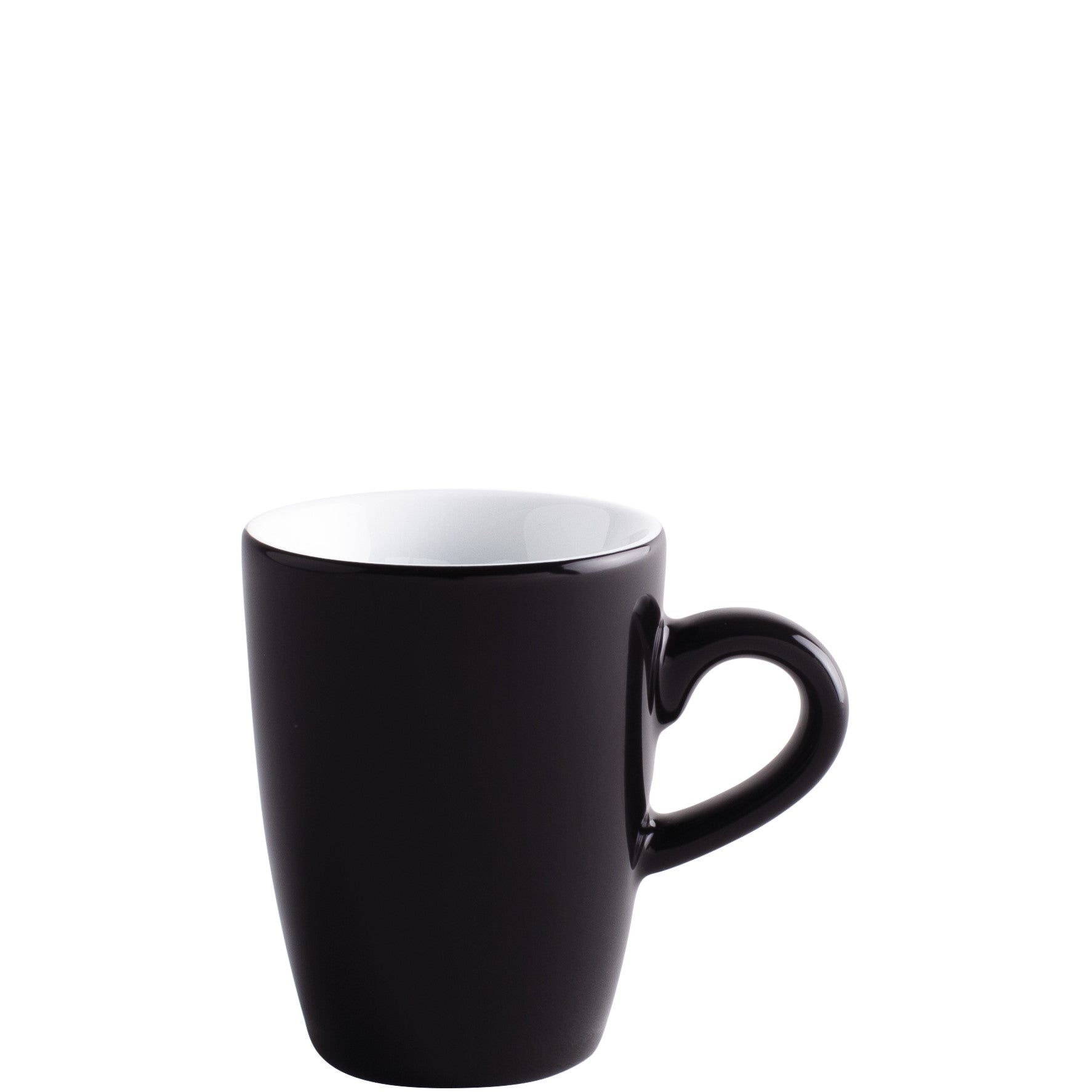 Schwarze Kaffeetasse auf weißem Hintergrund