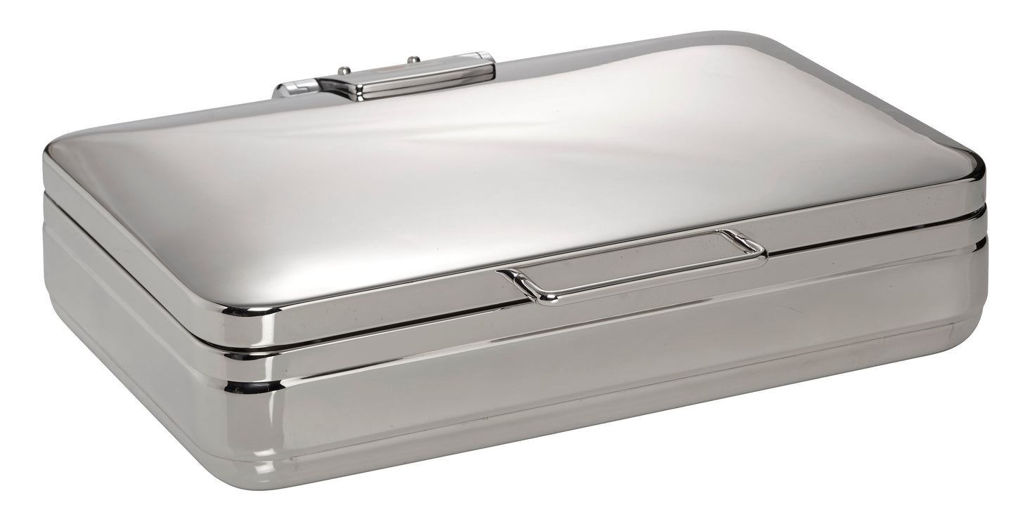 Silberne Metallbox mit Verschluss.