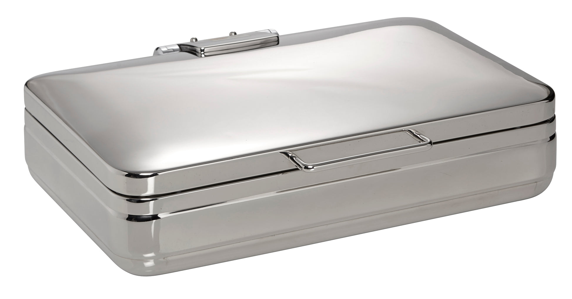 Silberne Metallbox mit Verschluss.