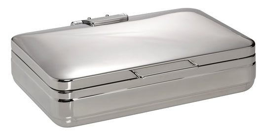 Silberne Metallbox mit Verschluss.
