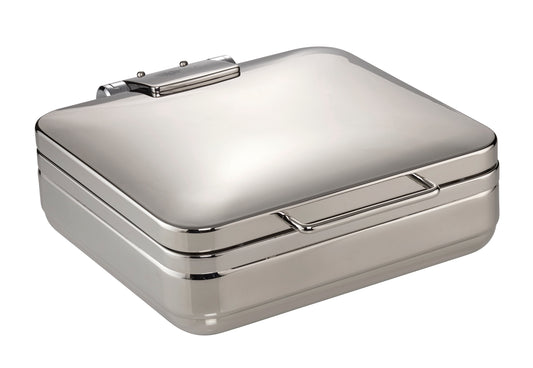 Silberne, quadratische Metallbox geschlossen.