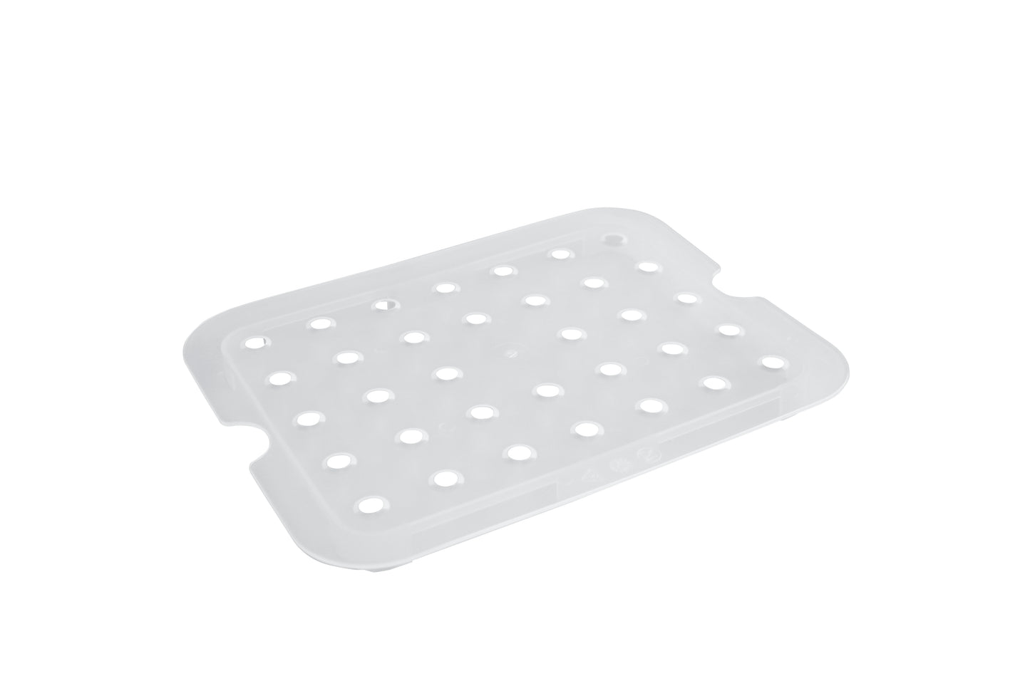 Transparente Ablage mit Löchern.
