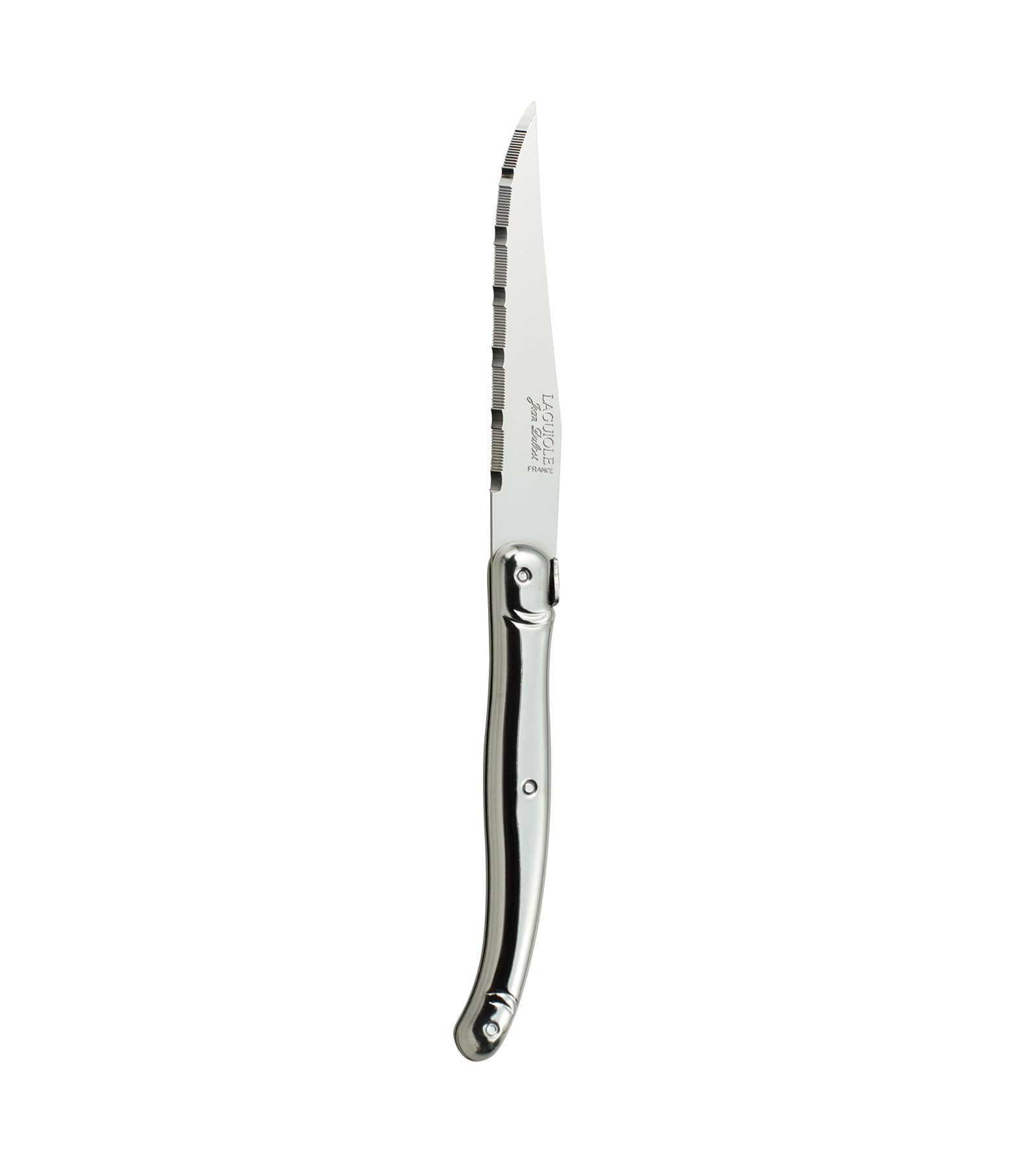 Silbernes Steakmesser mit gezackter Klinge.