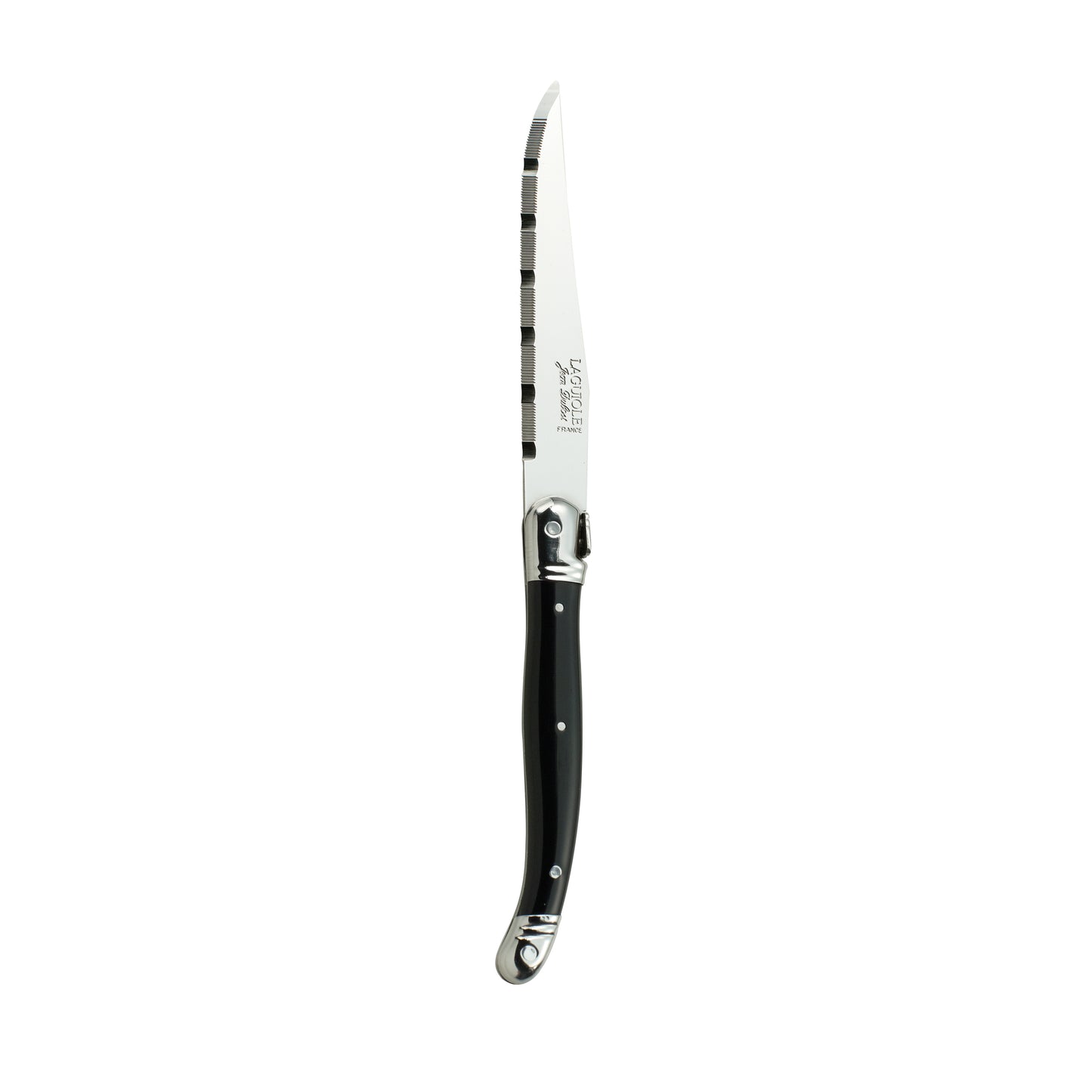 Schwarzes Steakmesser mit gezackter Klinge.