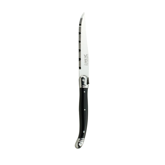 Schwarzes Steakmesser mit gezackter Klinge.
