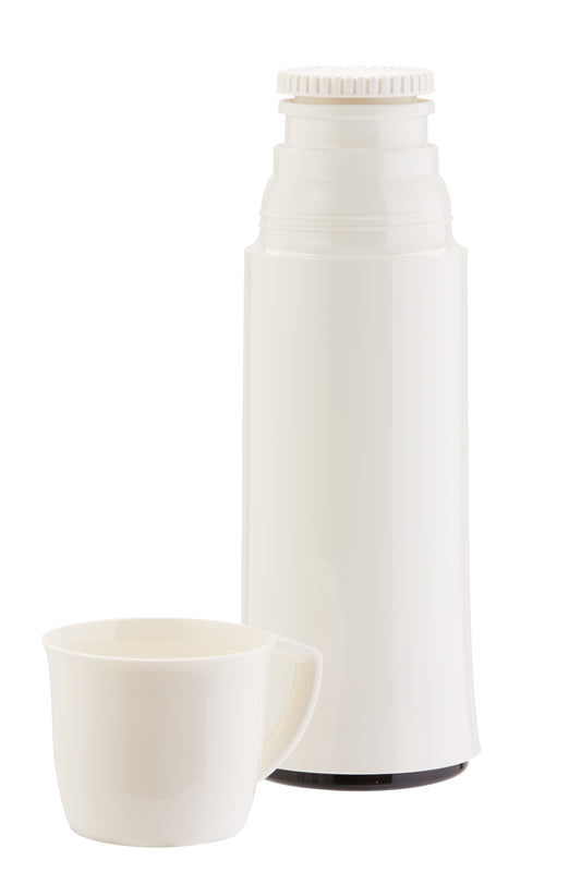 Weiße Thermoskanne mit passender Tasse.