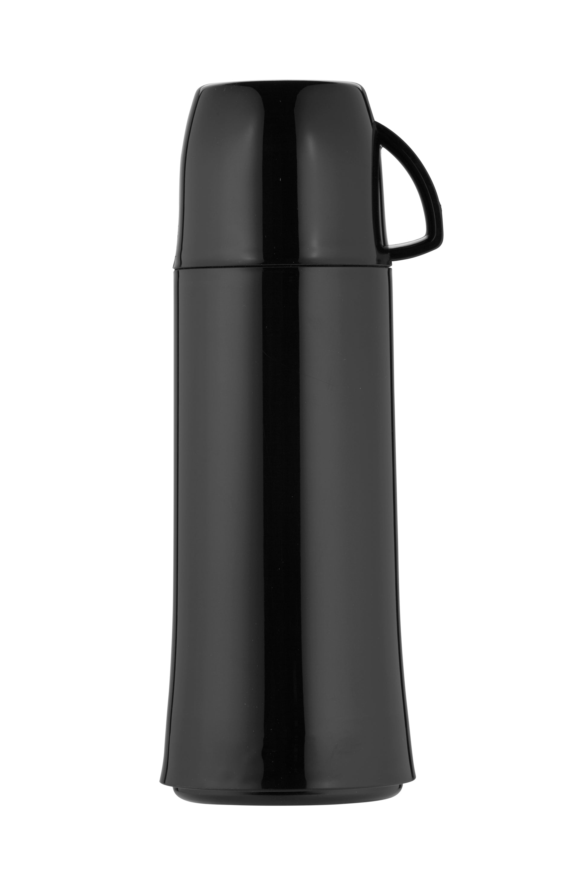 Schwarze Thermoskanne mit Henkel, isoliert.