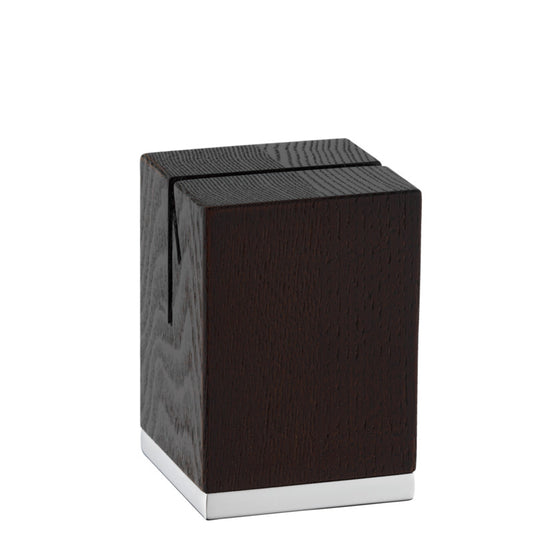 Holzblock mit Schlitz, Edelstahlbasis.