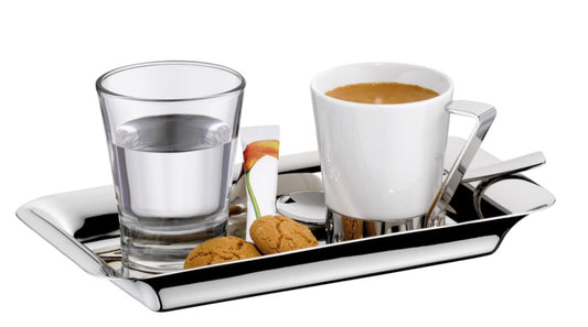 Kaffeetasse, Wasserglas, Kekse, Tablett.