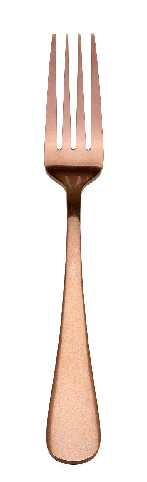 Kupferfarbene Gabel auf weißem Hintergrund.