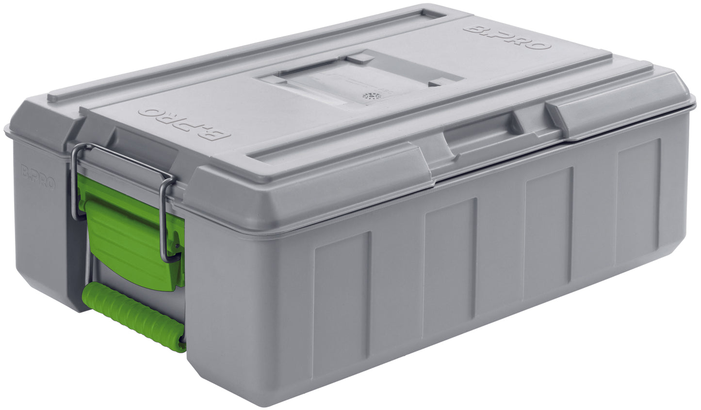 Graue Transportbox mit Griffen.