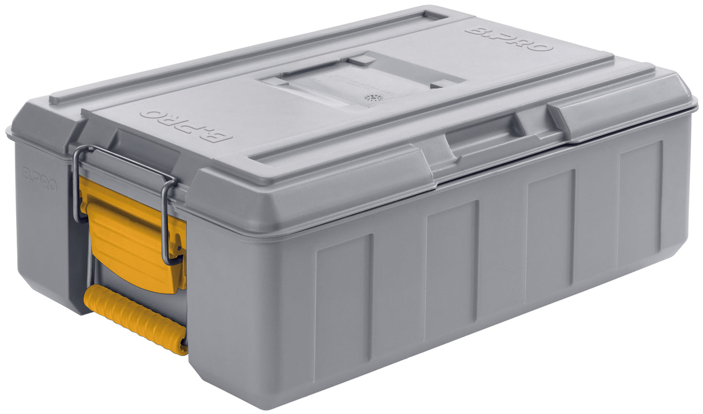 Graue Transportbox mit gelbem Griff.