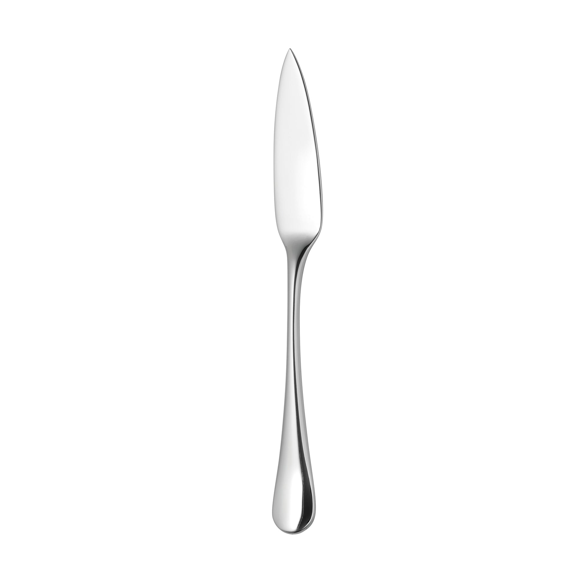 Silbernes Fischmesser auf weißem Hintergrund.