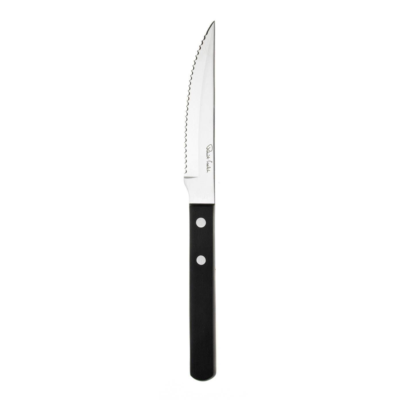 Schwarzes Steakmesser mit Wellenschliff.