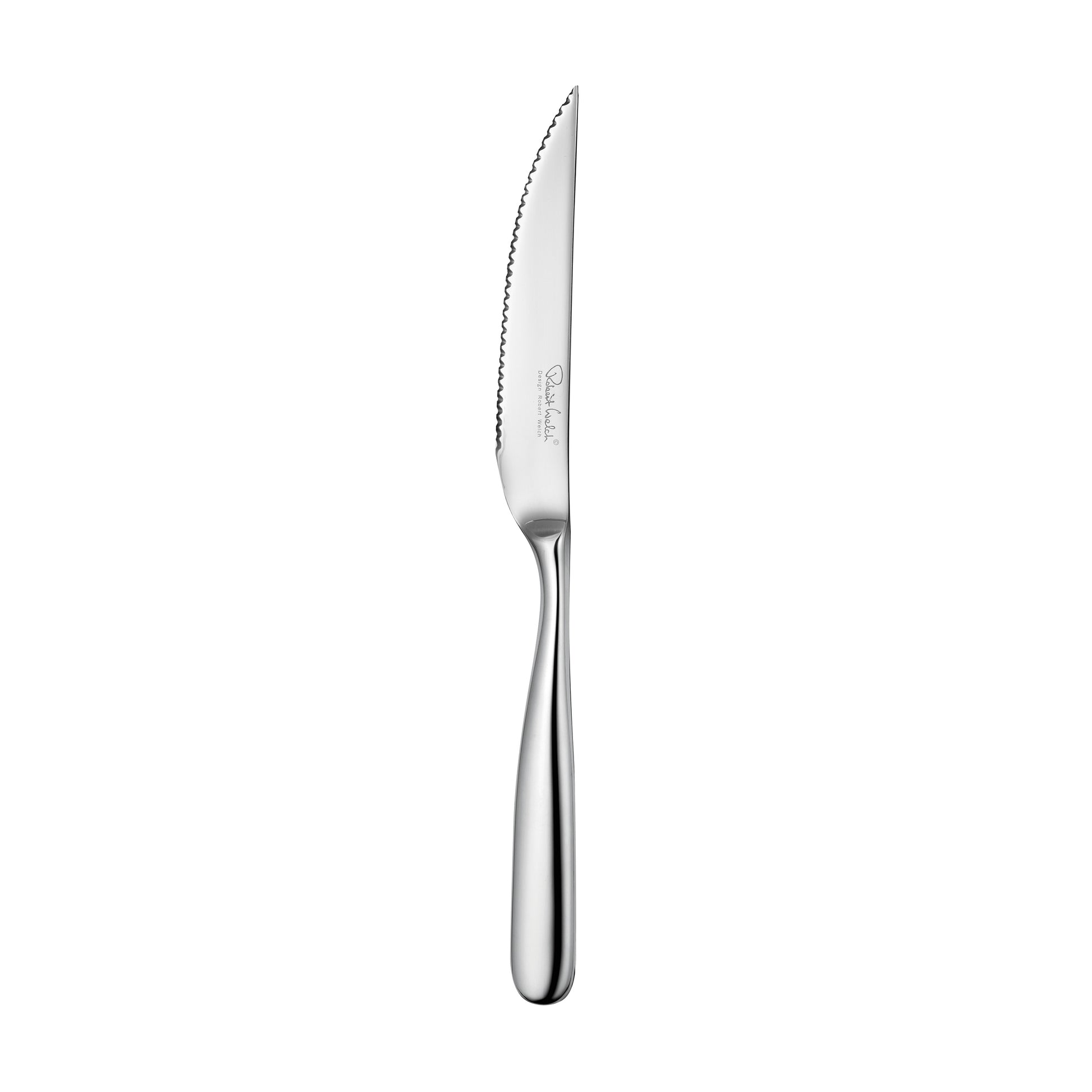 Silbernes Steakmesser mit gezackter Klinge.