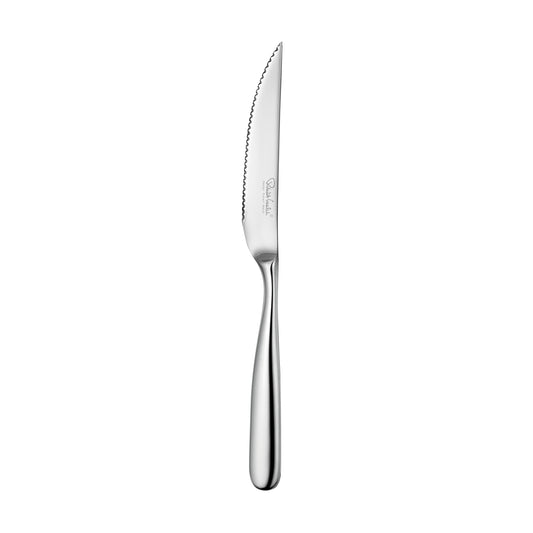 Silbernes Steakmesser mit gezackter Klinge.