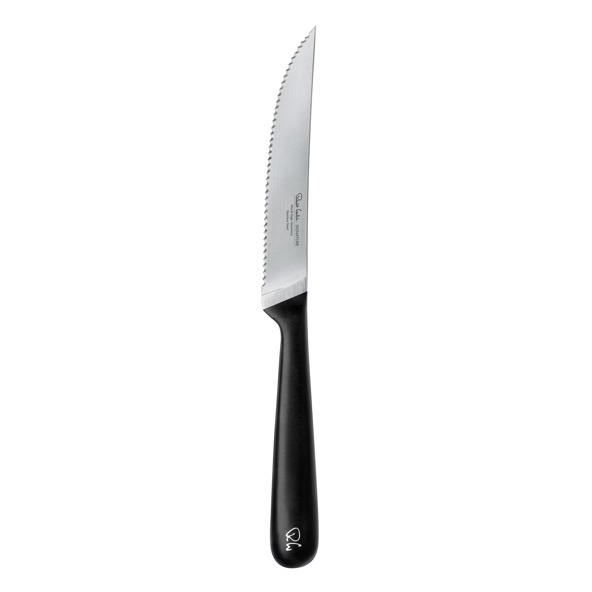 Schwarzes Griffmesser mit Wellenschliff.