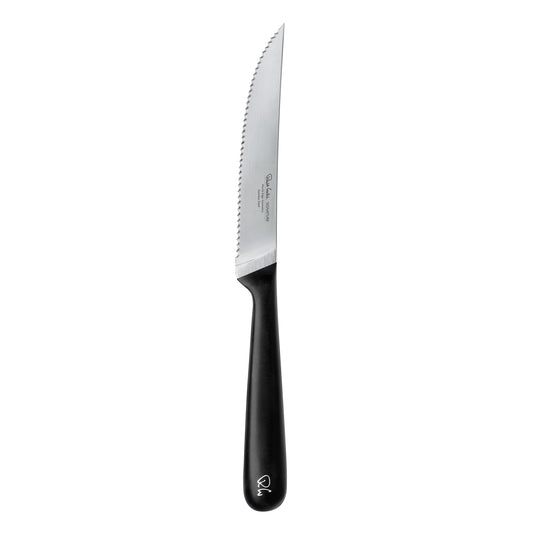 Schwarzes Griffmesser mit Wellenschliff.