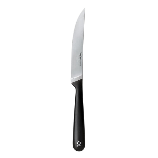Schwarzes Küchenmesser mit silberner Klinge.