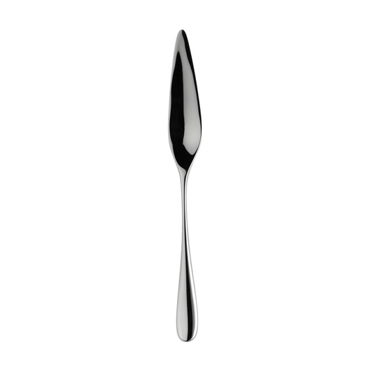 Silberner Fischmesser auf weißem Hintergrund.
