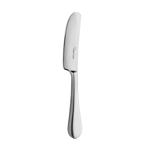 Silbernes Buttermesser auf weißem Hintergrund.