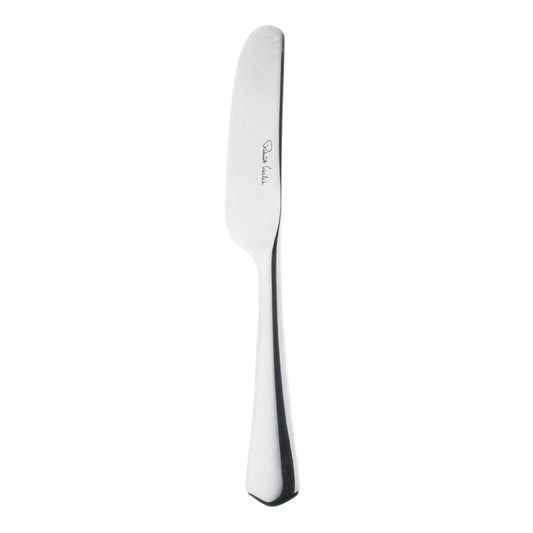 Silbernes Buttermesser auf weißem Hintergrund.