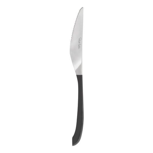 Schwarzes Steakmesser mit gezackter Klinge.