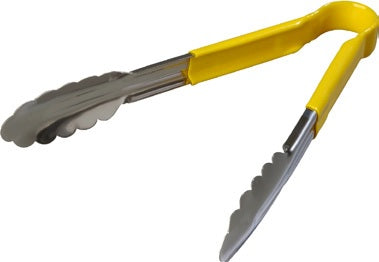 Gelbe Küchenzange aus Metall.